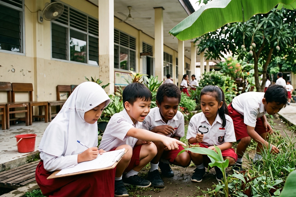 Murid kelas 4 mengamati makhluk hidup di halaman sekolah: satu menulis di papan jalan, satu menunjuk belalang di daun, satu memakai kaca pembesar.