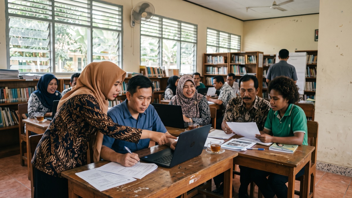 Guru-guru bekerja berpasangan dengan laptop dan lembar cetak dalam lokakarya merancang pembelajaran di perpustakaan sekolah.