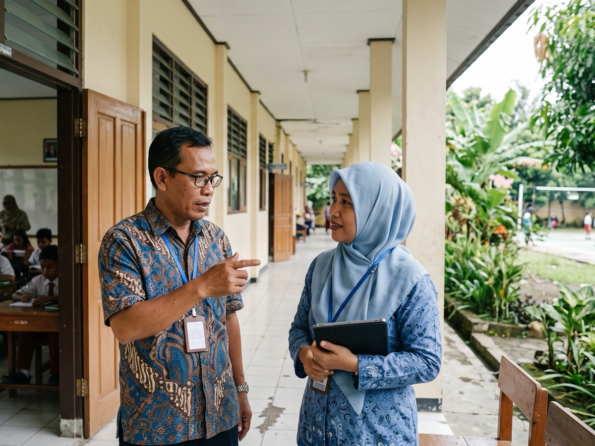 Kepala sekolah dan wakil kurikulum berbincang di koridor sekolah sambil memegang tablet; kelas sedang berlangsung di belakang mereka.
