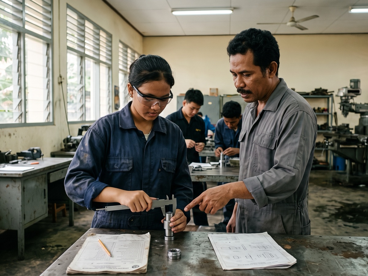 Siswa SMK berkacamata pengaman mengukur benda kerja dengan jangka sorong, didampingi instruktur di bengkel pemesinan.